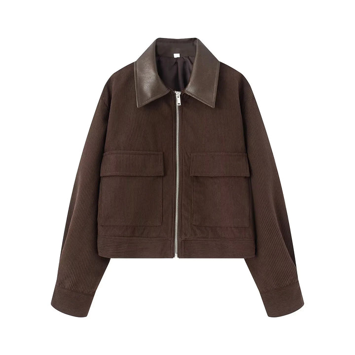 Damen nan kurz geschnittene Cordjacke mit kontrastierendem Kragen, verdecktem Reißverschluss und aufgesetzten Klappentaschen Drune
