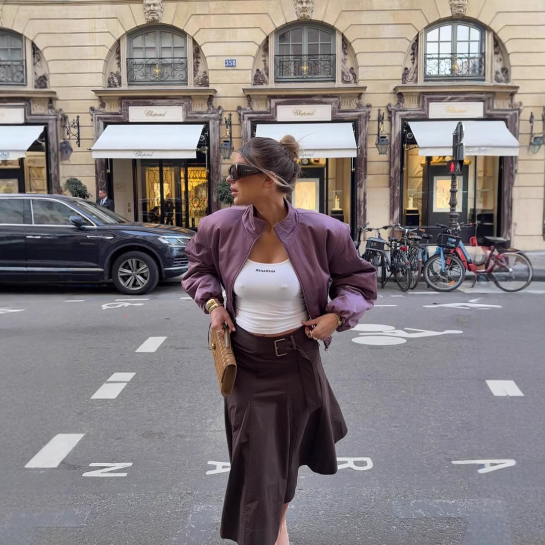 Damen Gepolsterte Cropped-Übergangsjacke mit Stehkragen, Ballonärmeln und elastischem Saum Drune
