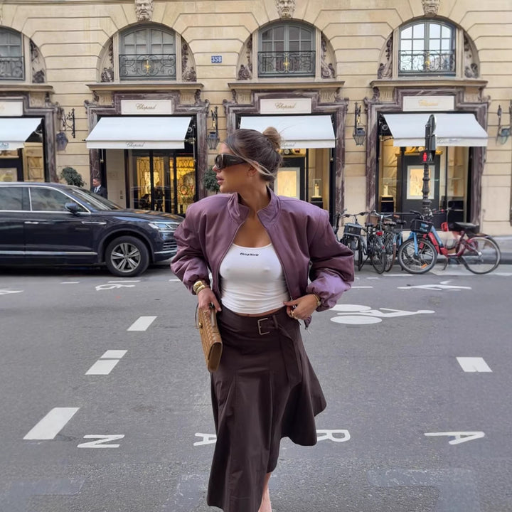 Damen Gepolsterte Cropped-Übergangsjacke mit Stehkragen, Ballonärmeln und elastischem Saum Drune