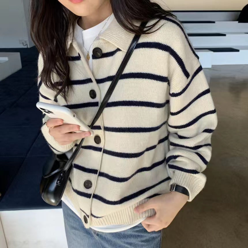 Damen lässige Strickjacke mit maritimem Streifenmuster und schmalem Schnitt Drune