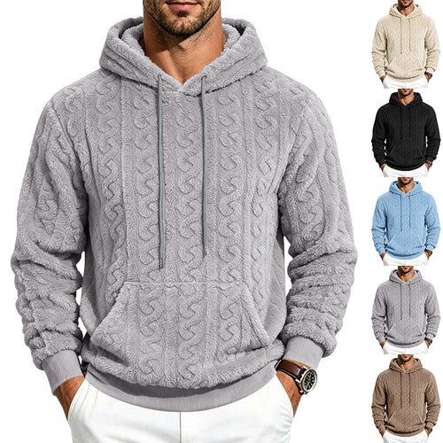 Herren kuscheliger Teddy-Fleece Kapuzenpullover mit Zopfmuster und Kängurutasche Drune