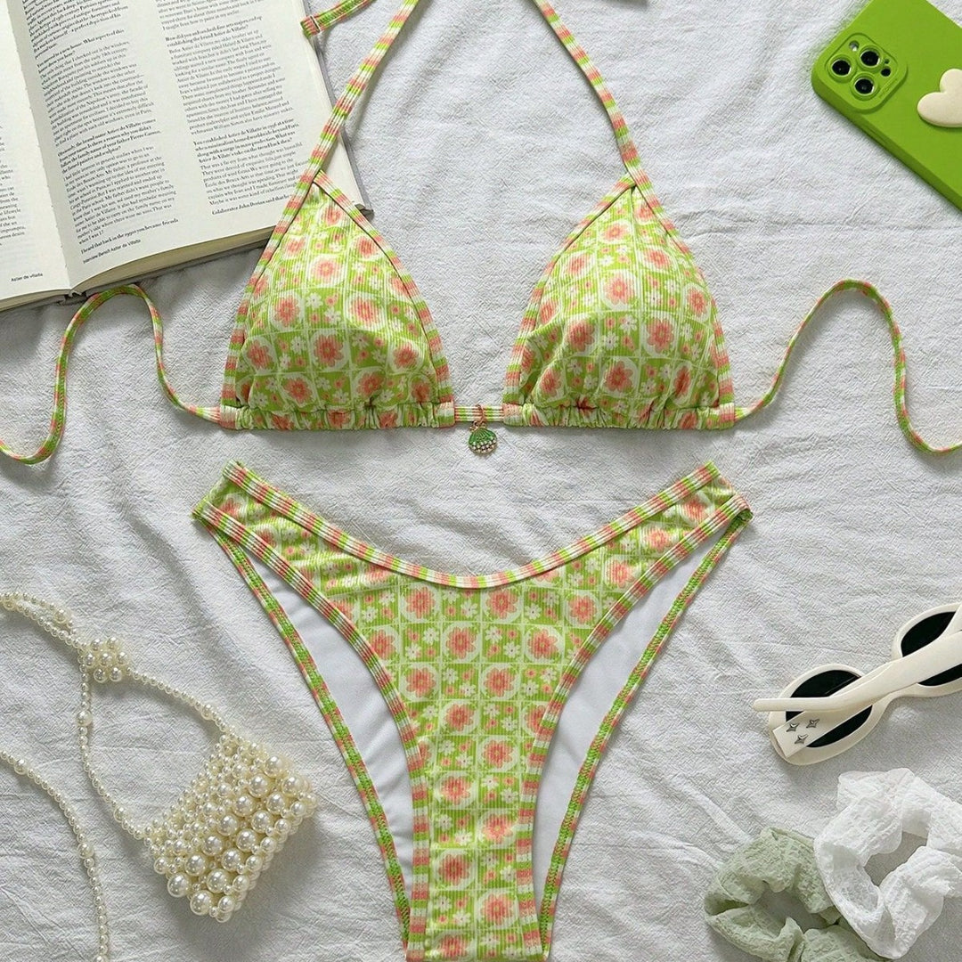 Damen Triangel-Bikini mit frischem Blumendruck und verstellbaren Trägern Drune