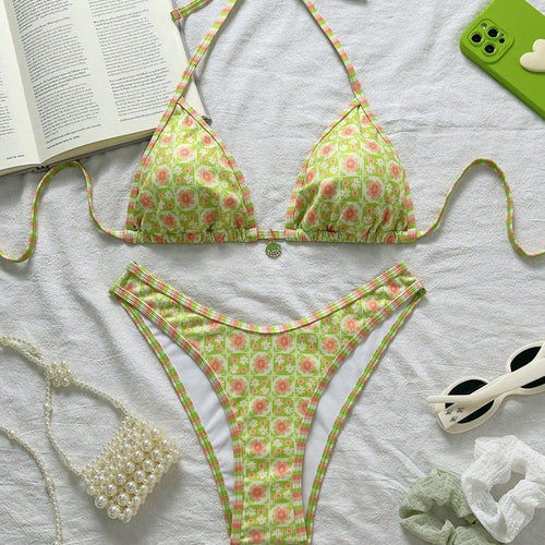 Damen Triangel-Bikini mit frischem Blumendruck und verstellbaren Trägern Drune