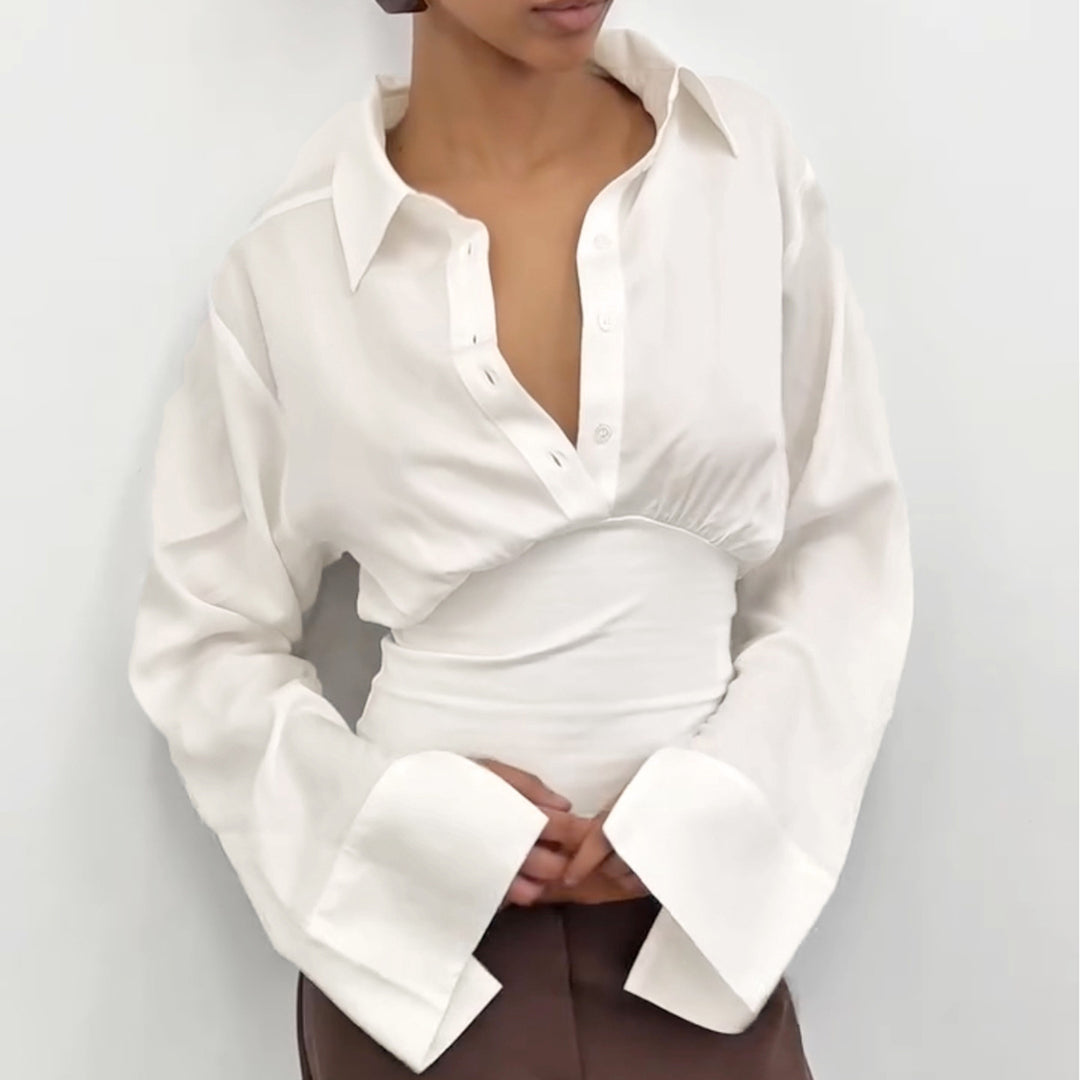Damen nan taillierte Cropped-Bluse mit Hemdkragen und breitem Stretchbund Drune