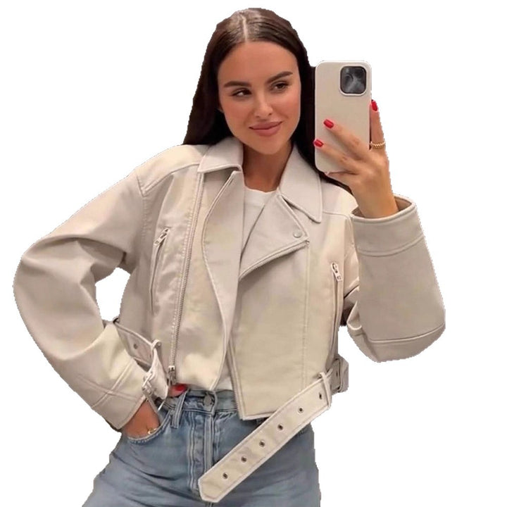 Damen Kurzgeschnittene Bikerjacke aus Kunstleder mit Taillengürtel Drune