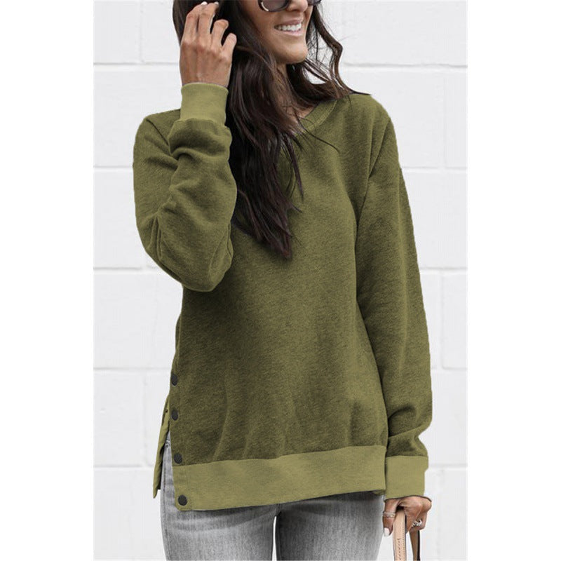 Damen lässiges Sweatshirt mit seitlichen Druckknopfdetails und modischem V-Ausschnitt Drune
