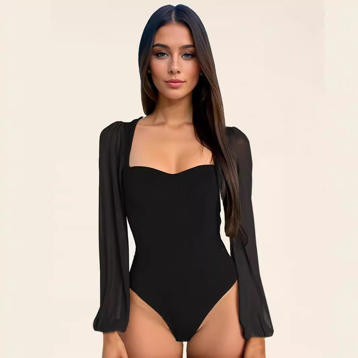 Damen Eleganter Body mit transparenten Puffärmeln und quadratischem Ausschnitt Drune