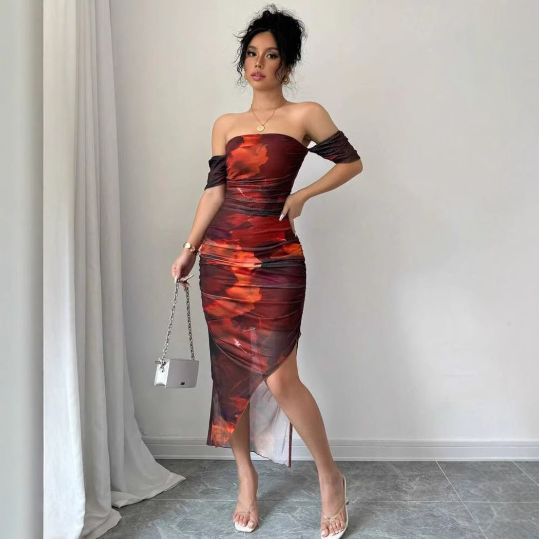 Damen Figurbetontes Midi-Kleid mit off-shoulder Design und elegantem Schlitz Drune