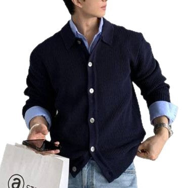 Unisex Grobgerippte Strickjacke mit Hemdkragen und durchgehender Knopfleiste Drune