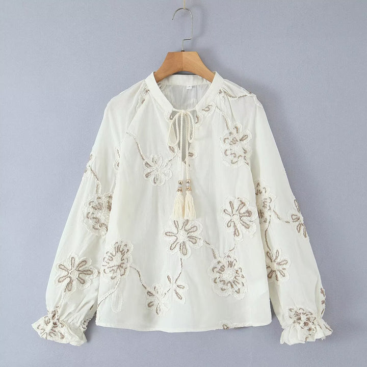 Damen Elegant bestickte Bluse mit Raffungen Drune