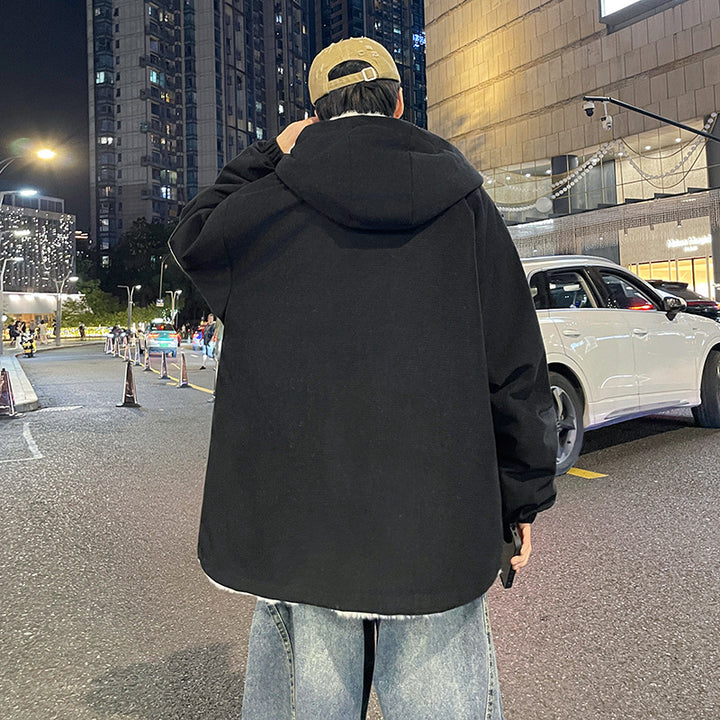 Herren Oversize Kapuzenjacke mit Teddyfutter, Zwei-Wege-Reißverschluss und Utility-Taschen Drune