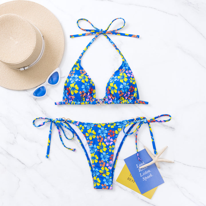 Damen Triangel-Bikini mit floralem Print und verstellbaren Schnüren Drune