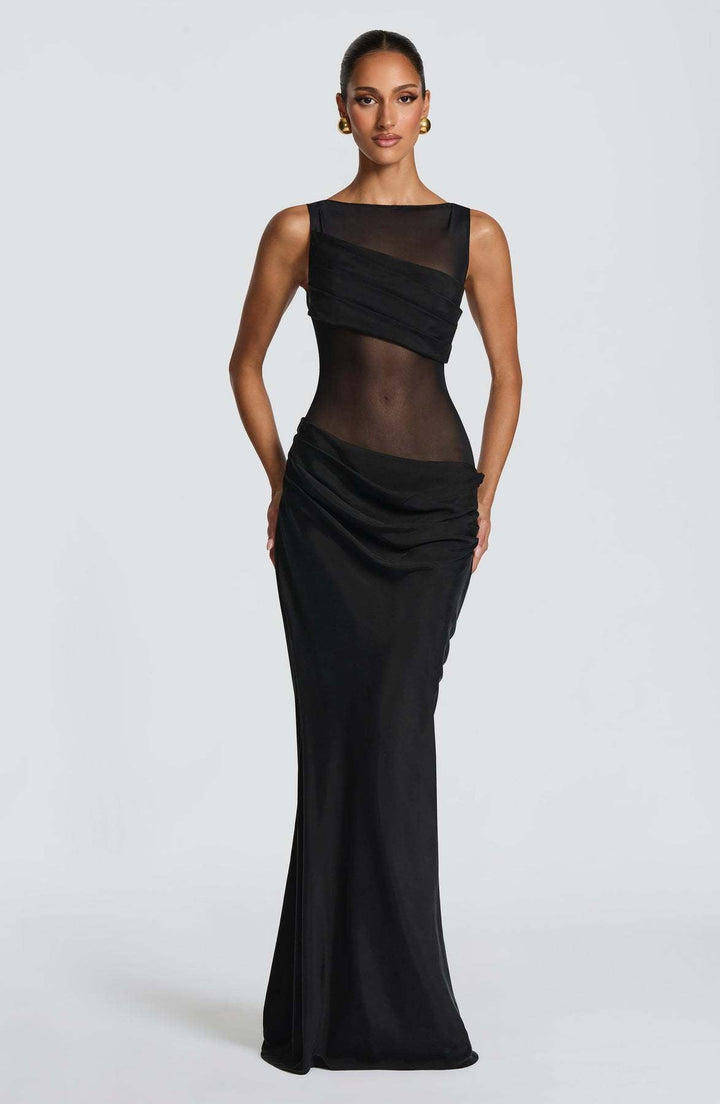 Damen Elegantes Abendkleid mit transparentem Oberteil und raffinierten Rüschen Drune