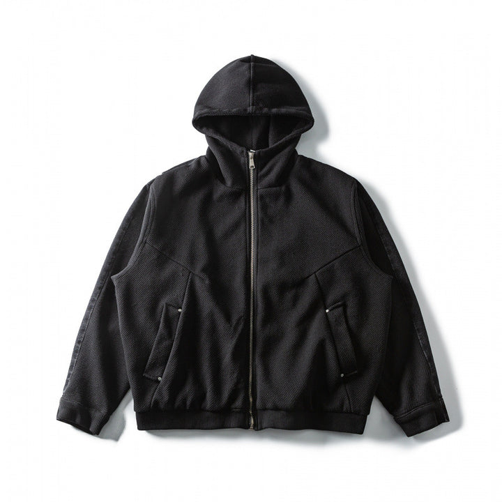 Unisex Boxy-Kapuzenjacke aus strukturierter Baumwollmischung mit durchgehendem Reißverschluss und Pattentaschen Drune