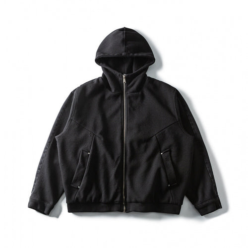 Unisex Boxy-Kapuzenjacke aus strukturierter Baumwollmischung mit durchgehendem Reißverschluss und Pattentaschen Drune