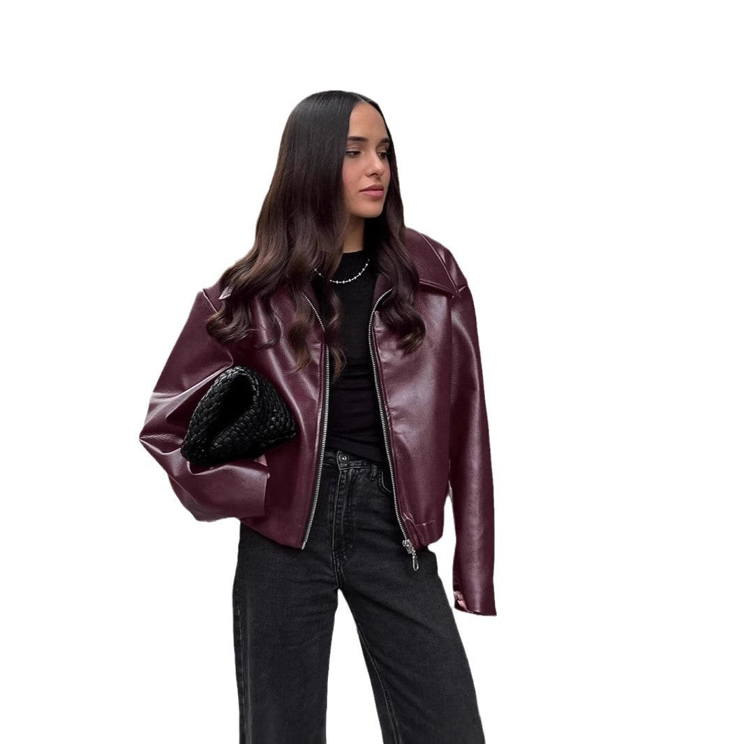 Damen moderne cropped Lederjacke mit übergroßem Kragen Drune