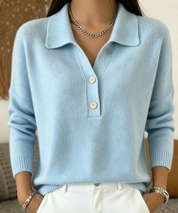 Damen Polokragen-Pullover mit halber Knopfleiste und geripptem Saum Drune