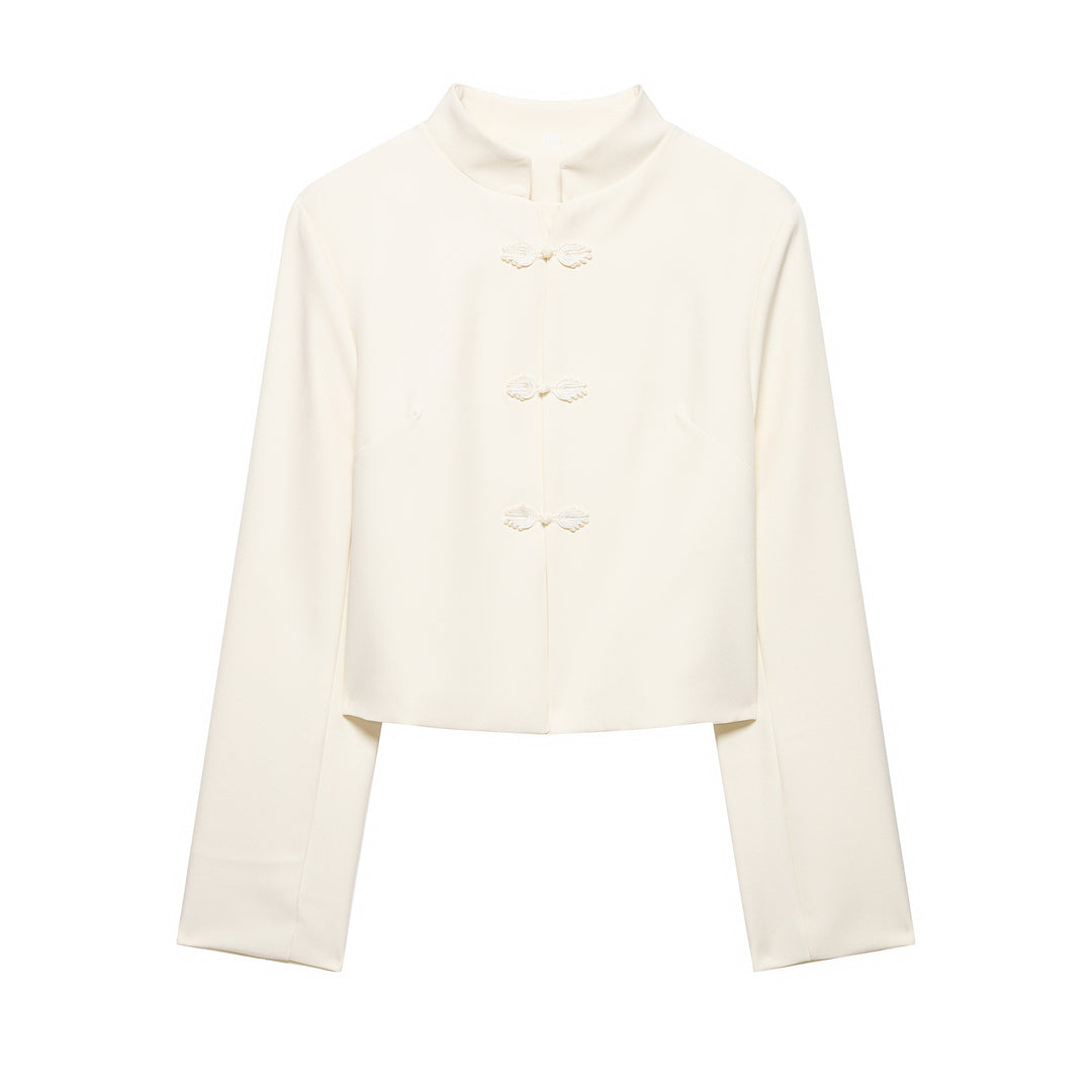 Damen Kurze Blazerjacke mit Stehkragen und Knotenverschlüssen Drune