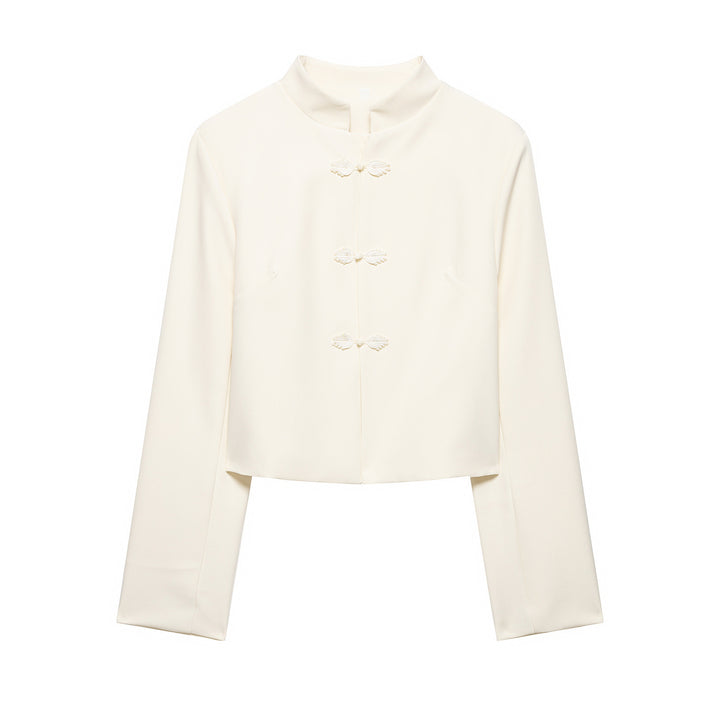 Damen Kurze Blazerjacke mit Stehkragen und Knotenverschlüssen Drune