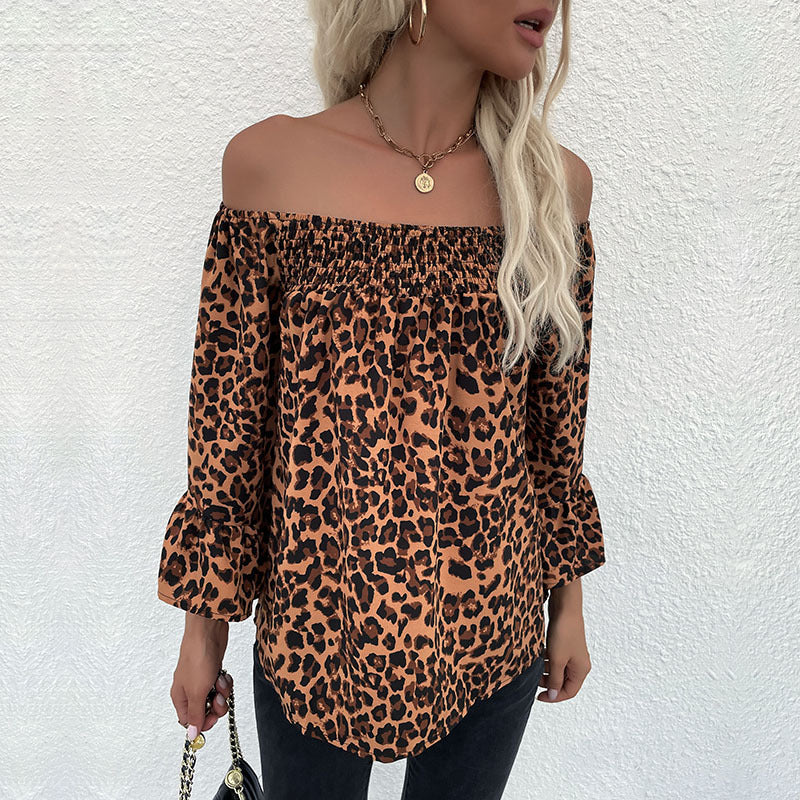 Damen Carmen-Bluse mit Smok‑Bündchen, Carmen‑Ausschnitt und Leopardenprint Drune