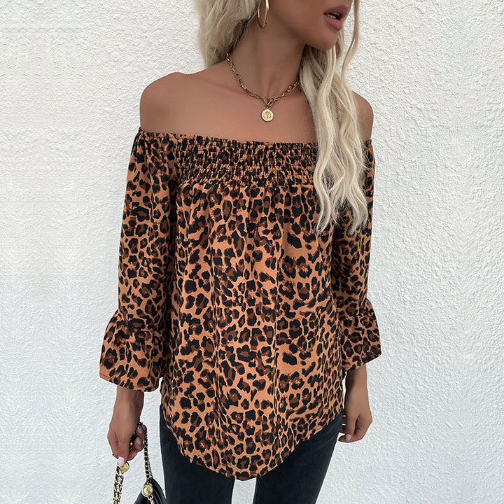 Damen Carmen-Bluse mit Smok‑Bündchen, Carmen‑Ausschnitt und Leopardenprint Drune