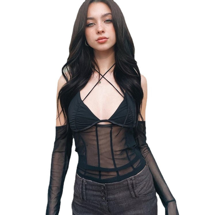 Damen Crop-Top mit transparentem Design und raffinierten Rüschenärmeln Drune