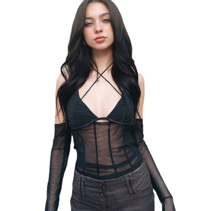 Damen Crop-Top mit transparentem Design und raffinierten Rüschenärmeln Drune