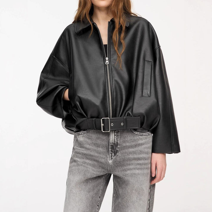 Damen Modische Kunstlederjacke mit auffälligem Kragen und Taillengürtel