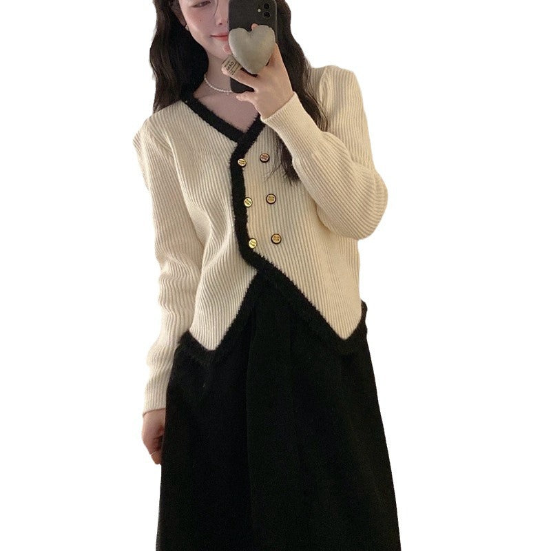 Damen elegante Strickjacke mit kontrastierendem Saum und Knopfdetails Drune