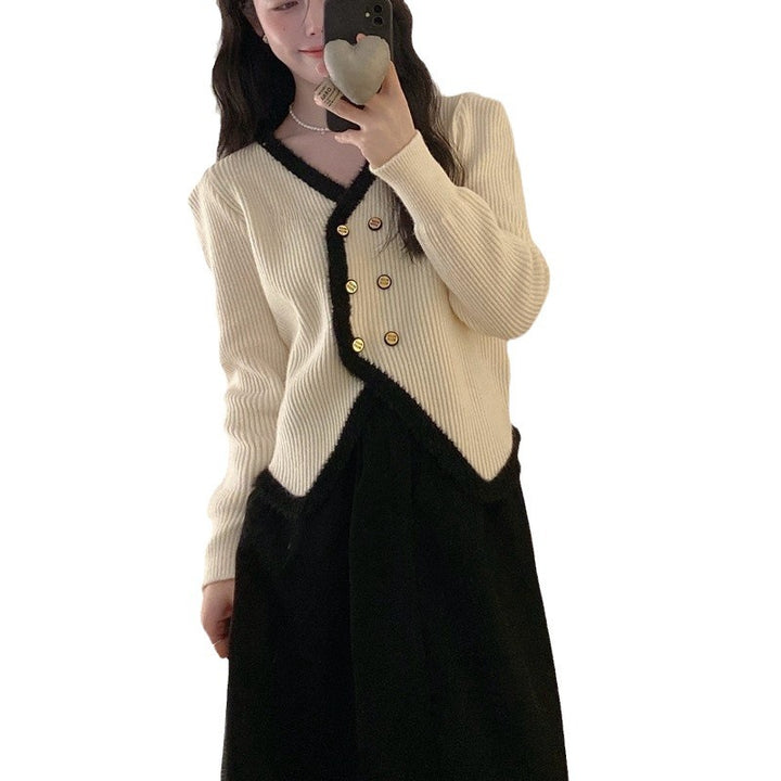 Damen elegante Strickjacke mit kontrastierendem Saum und Knopfdetails Drune