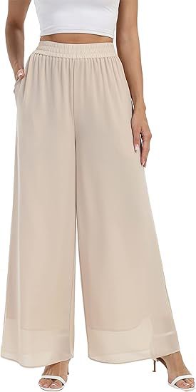 Damen Weit geschnittene Chiffon-Hose mit elastischem Taillenbund und hohen Seitentaschen Drune