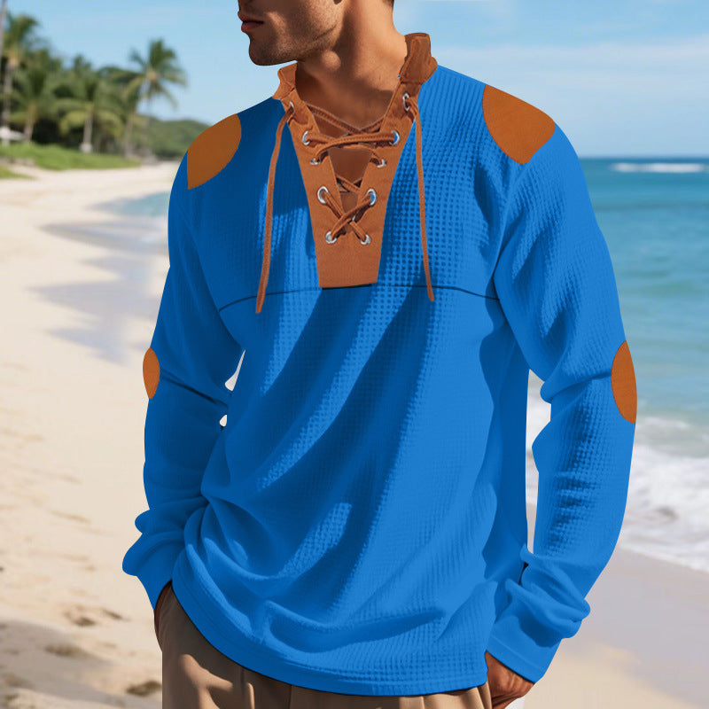 Herren lässiges Langarm-Henley-Shirt mit ausgefallenem Schnürdesign und kontrastrierenden Ellenbogen-Patches Drune