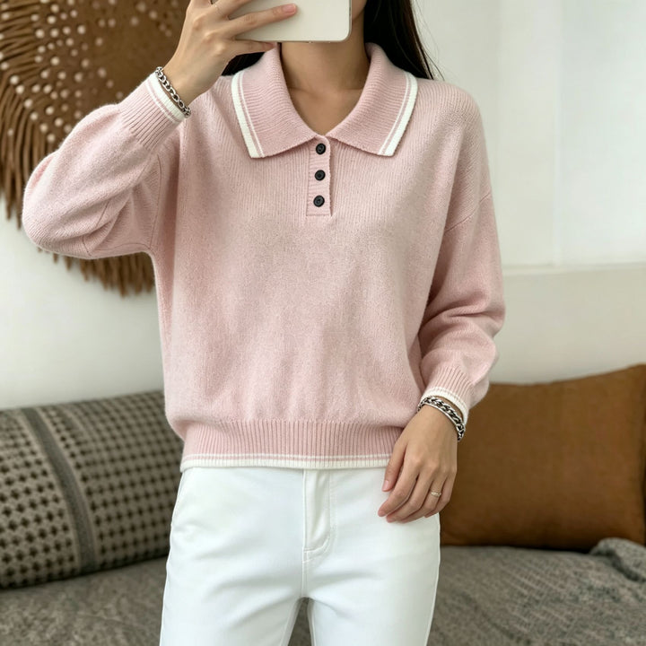 Damen Polokragen‑Strickpullover mit Knopfleiste und gerippten Bündchen Drune