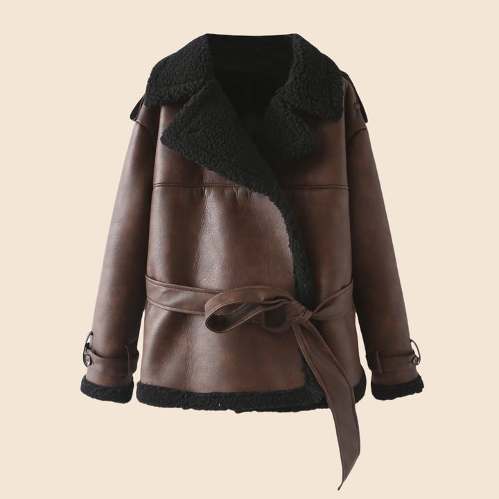 Damen Taillierter Aviator-Mantel aus Kunstleder mit Teddyfutter und Bindegürtel Drune