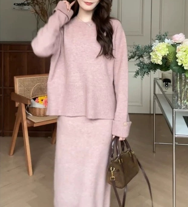 Damen gemütliches Strickensemble mit Pullover und Maxi-Rock Drune