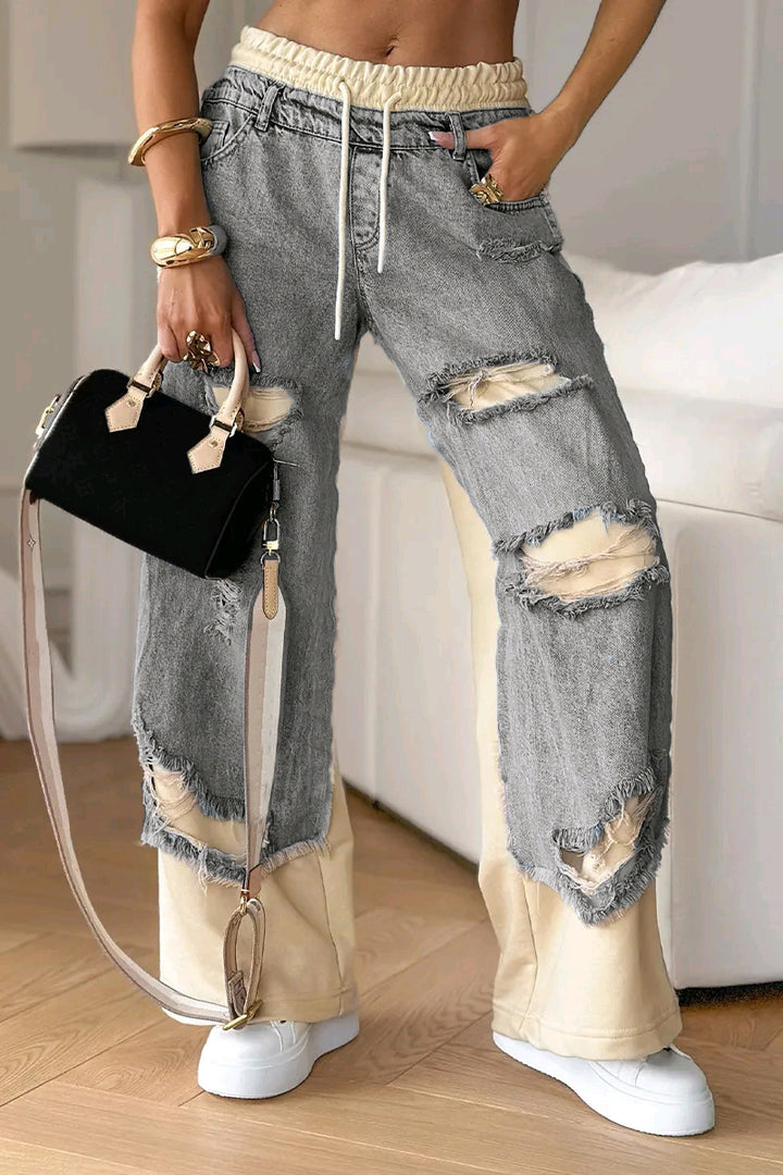 Damen nan zweilagige Jeans mit aufgesetzten Jeanspaneelen elastischem Tunnelzugbund weitem Bein und vintageähnlichen Rissen Drune