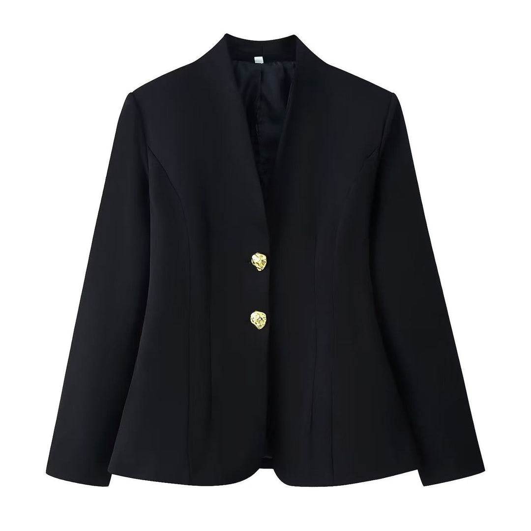 Damen figurnahe Blazerjacke mit Stehkragen, formgebenden Teilungsnähten und goldenen Zierknöpfen Drune