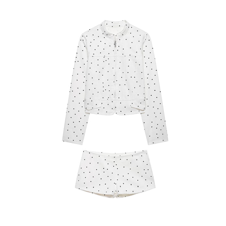Damen Gepunktete Kurzjacke mit Stehkragen, Reißverschluss und Pattentaschen Drune