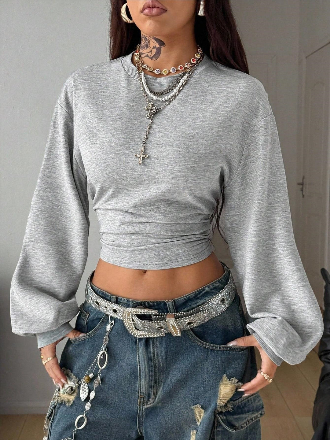 Damen Cropped Sweatshirt mit Taillenraffung und weiten Raglanärmeln Drune