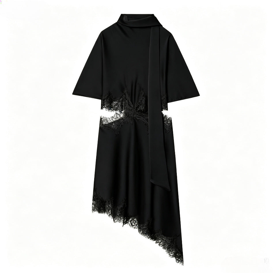 Damen nan asymmetrisches Cape-Midikleid mit Stehkragen, Schal und zarter Spitzensaum Drune