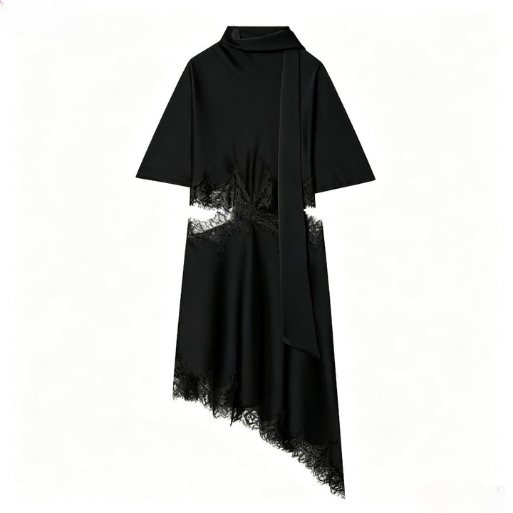 Damen nan asymmetrisches Cape-Midikleid mit Stehkragen, Schal und zarter Spitzensaum Drune