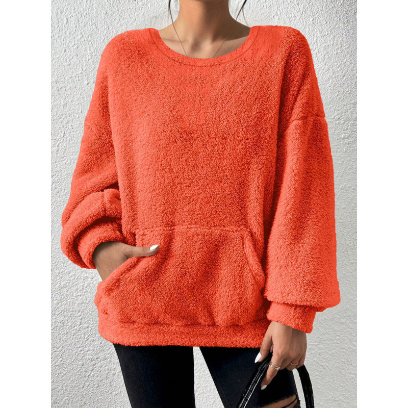 Damen Kuscheliger Oversize-Sherpa-Pullover mit Kängurutasche und Ballonärmeln Drune