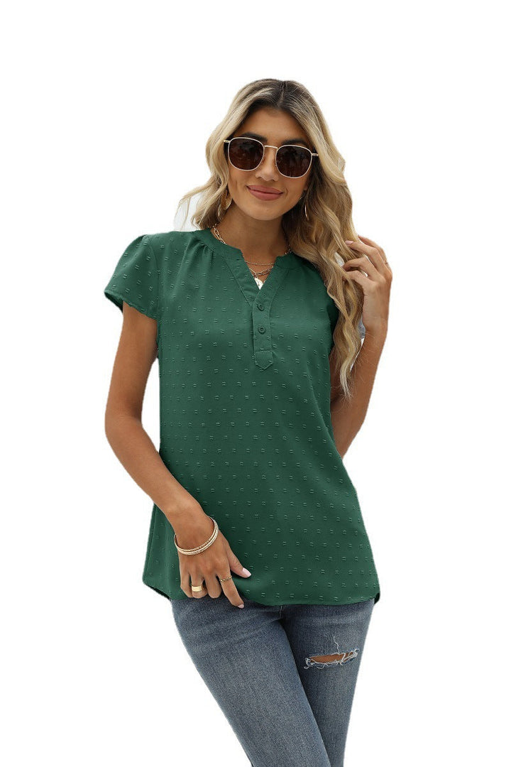 Drune | Jacquard Chiffon Locker V-Ausschnitt Kurzarm Top