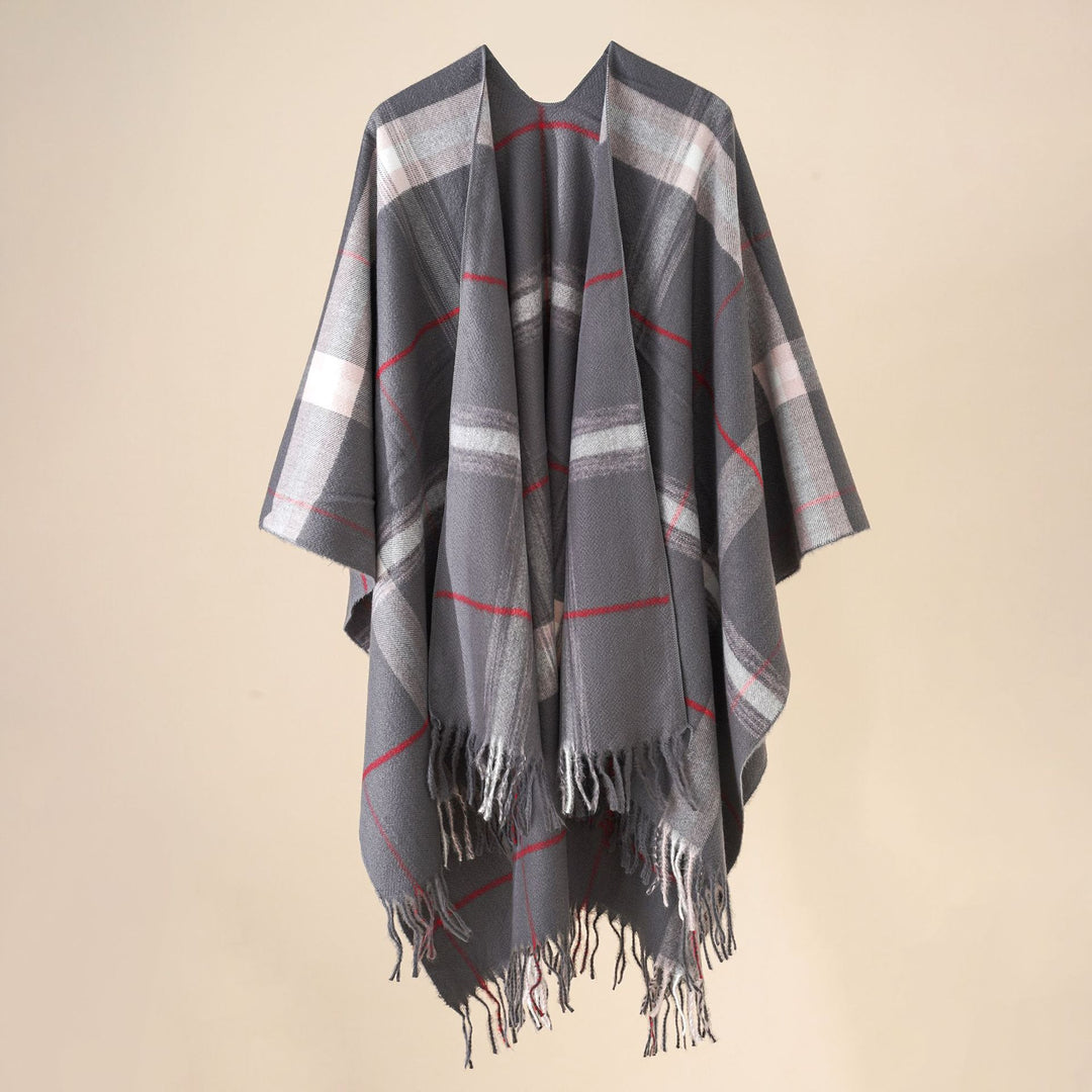 Damen Wollmix-Poncho mit Karomuster und Fransen Drune