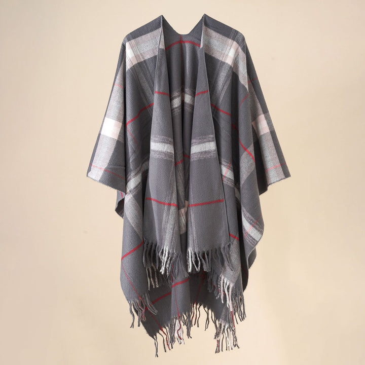 Damen Wollmix-Poncho mit Karomuster und Fransen Drune