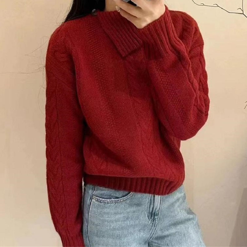 Damen Grobstrick Pullover mit hohem Kragen und Knopfdetails Drune