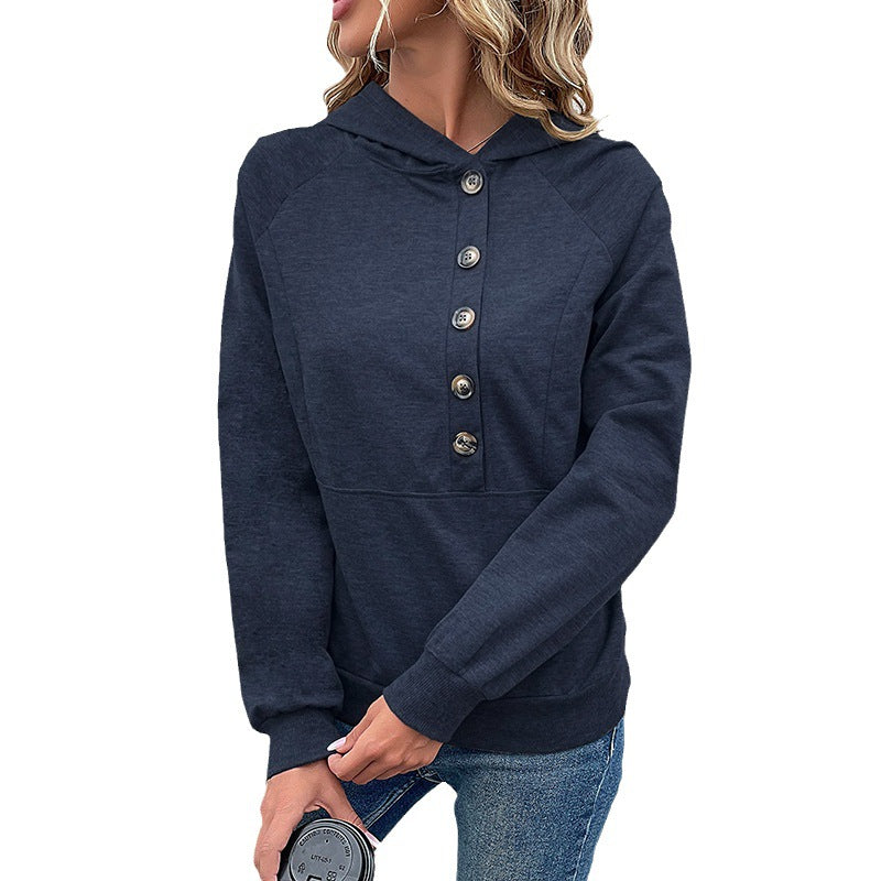 Damen Kapuzenpullover mit Zierknopfleiste, Raglanärmeln und Kängurutasche Drune