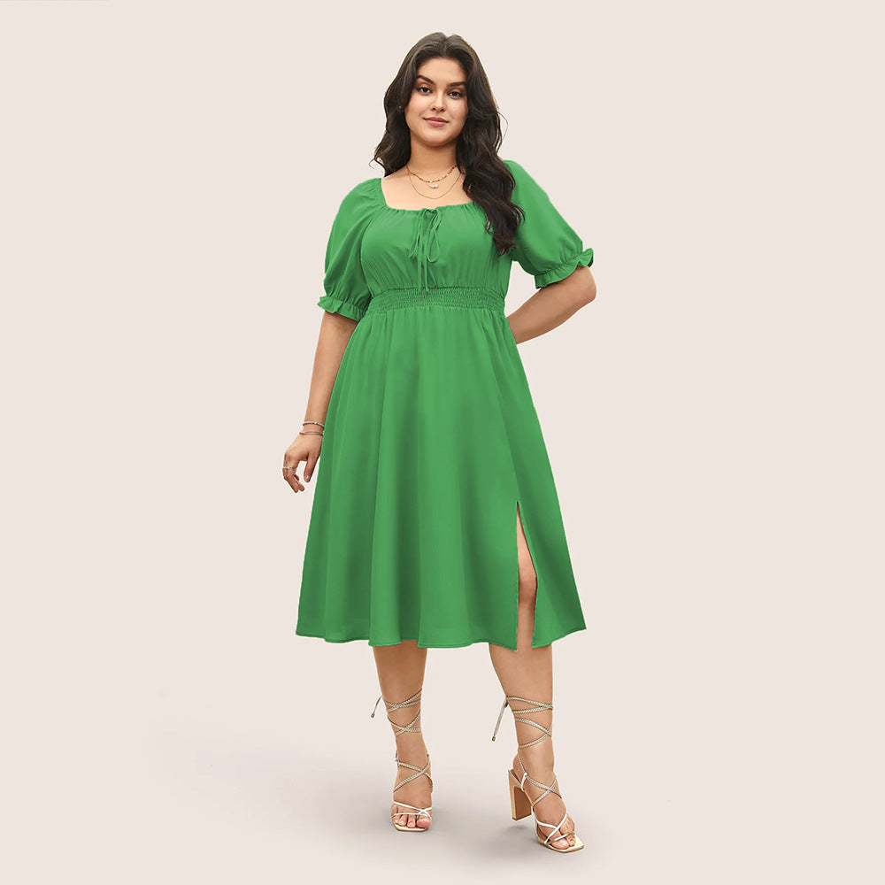 Damen Midi-Kleid mit Puffärmeln und elastischem Taillenbund Drune