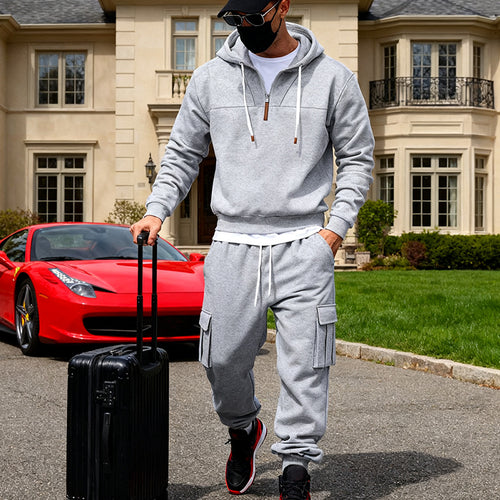 Herren nan lässiger Fleece-Jogginganzug mit halbem Reißverschluss und Cargo-Taschen Drune