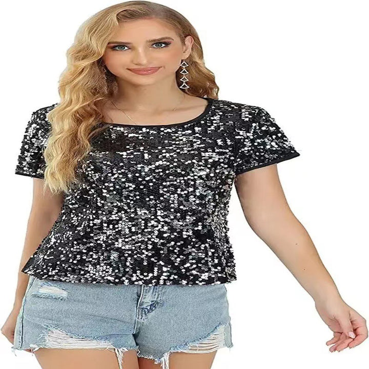 Damen Glitzerndes Pailletten T-Shirt mit lässigem Schnitt und komfortablem Baumwollmaterial Drune